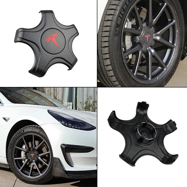 4 stk Tesla hjulkapselsett for originale standardfelger senterkapsler navkapsler - Tesla Model 3 (Titanium Deep Gray med rød T-logo)