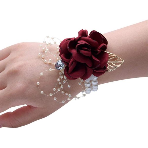 Pige Brudepiger Håndled Corsage Brude Silke Håndled Blomst Faux Perle  Armbånd Håndled Rem Blomst Ornament (mørkeblå, 1 pakke)