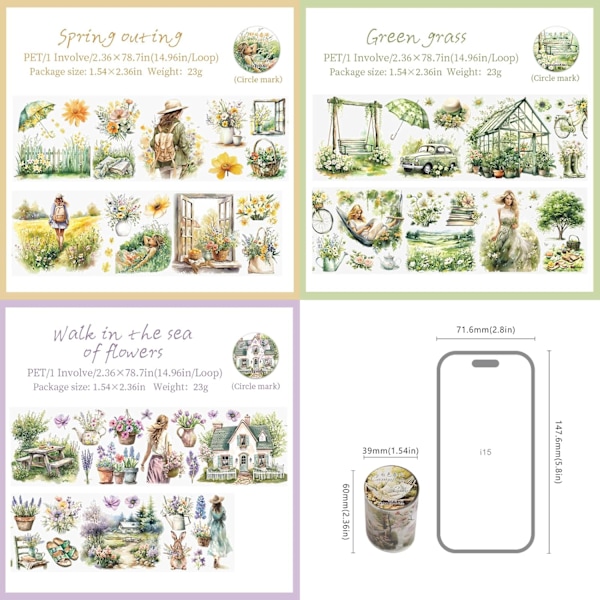 PET-tarrat 3 rullaa, kevät ja kukat, scrapbooking-tarvikkeet, läpinäkyvät tarrat lehtiöihin, päiväkirjoihin, scrapbooking-tarvikkeet, päiväkirjat color 1