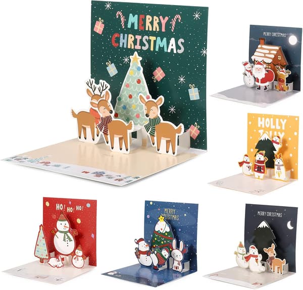 6 st Pop Up 3D julkort med kuvert, tomte älg pepparkaka, julgran kort, Pop Up för barn vänner julklappar
