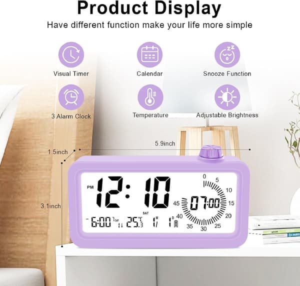 Digital Visuell Timer, 60 Minuters Nedräkningstimer, 3 Larmlägen, Temperatur- och Datumvisning, för Barn Kök, Lila