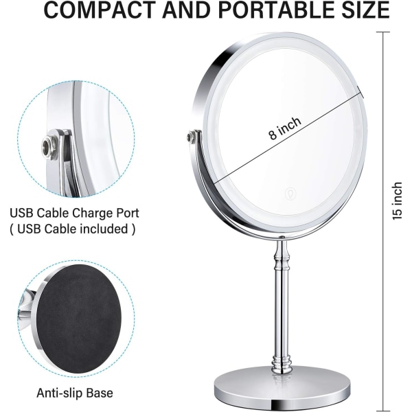 8\" Lighted Makeup Mirror, 10X Makeup Mirror with Lights, Double Sided Dimmable Magnifying Mirror with Light