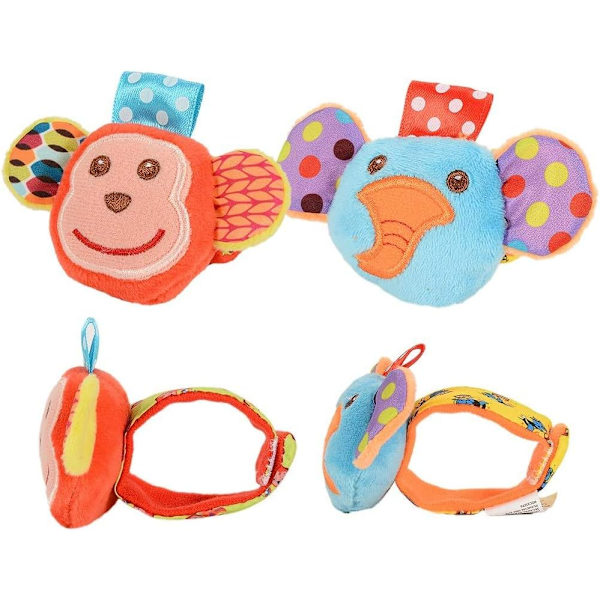 Baby Rattle, 4 stk. spedbarns håndledskall og fotfinnersett sokkeleker Utviklingsmessige myke dyreleker (2 elefanter + 2 aper)