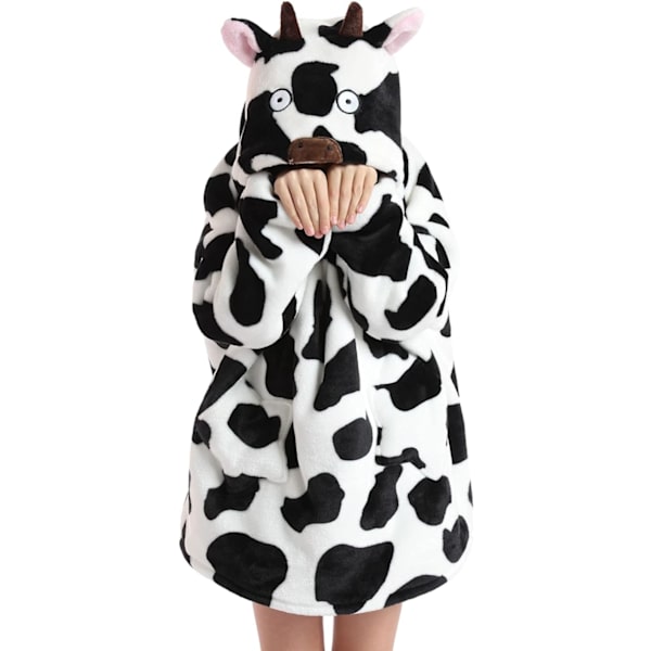 Oversized hettegenser teppe for barn myk varm koselig bærbar teppe genser fleece sherpa teppe med lommer Cow