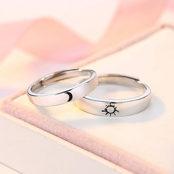 1 Par Justerbara Parringar Sterling Silver Rund Graverad Måne Sol Förlovningsringar Silver