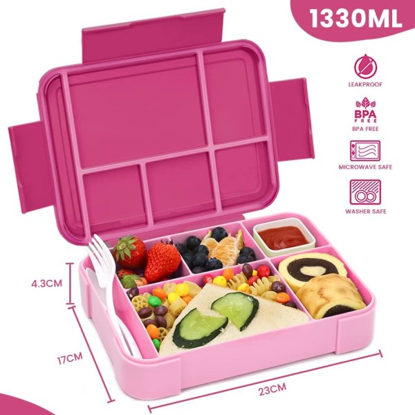 Bento Box Lunsjboks for Voksne, med 6 Rom Bestikk, Lunchable Beholder Egnet for Mikrobølgeovn Oppvaskmaskin pink