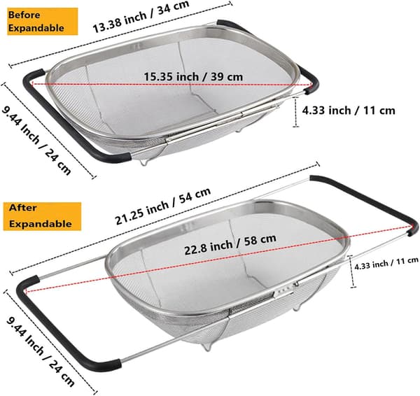 Over Sink Rustfritt Stål Oval Sil med Ekspanderbart Gummigrep, Finmasket Silkurv Kjøkken 6 Quart Sil