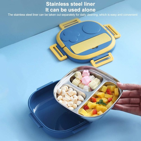 Lasten lounasrasia, eristetty ruostumattomasta teräksestä valmistettu bento-rasia lusikalla, tiivis ja kestävä välipalarasia pojille ja tytöille Blue