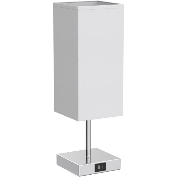 Sänglampor, Touch-kontroll bordslampa med USB A+C laddningsportar, för sovrum vardagsrum grå tyglampa (LED-lampa ingår) White