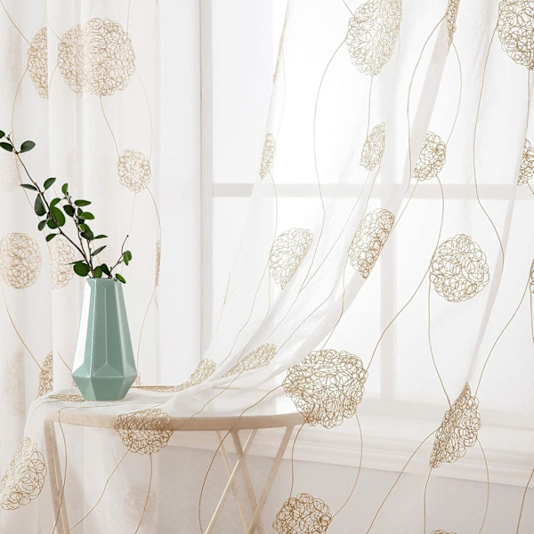 Gardiner Voile Blommor Broderi Öglett Gardiner Transparent Gardiner 2 st Öglett Gardiner Gardiner Par Fönster Gardiner För Vardagsrum Sovrum Brown 140*215cm