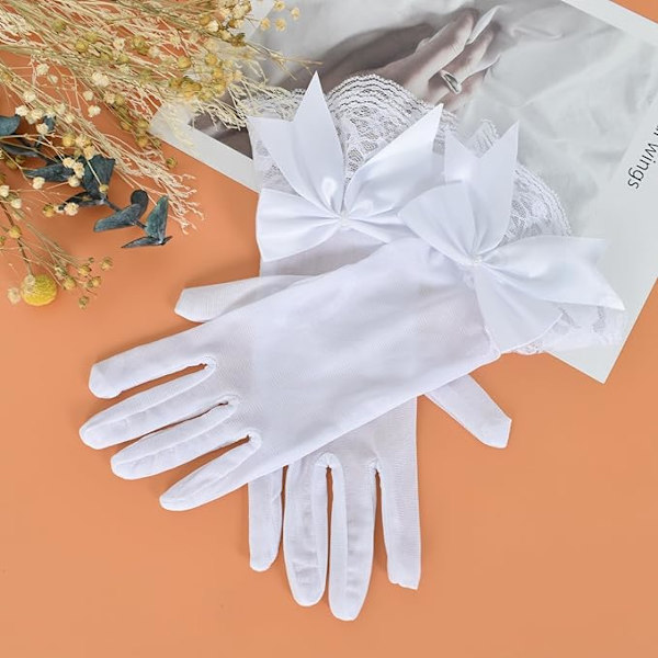 Par Hvite Bryllupshansker Korte Blonderhansker Brudeshansker Høy Elastisk Spandexhansker for Opera, Kveld, Bryllup, Fest, Middag