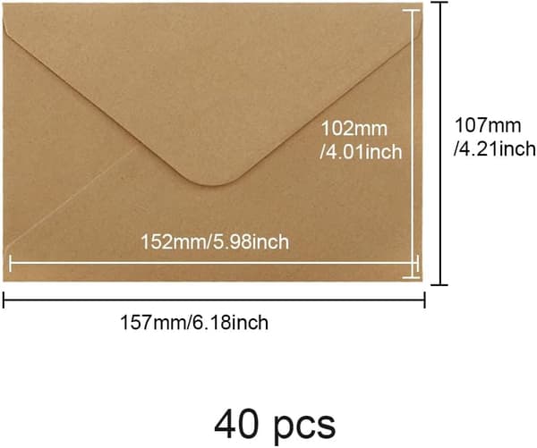 40-pack 15 * 10 cm Klassiska Kuvert med Flik, Kuvert för Smådelar, för Present (Kort Ingår Ej), Vit