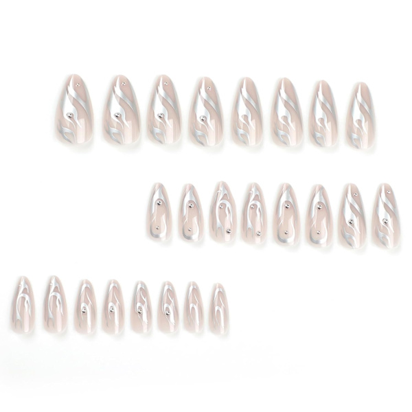 Tryck på naglar Medium Almond Falska naglar Chrome Swirl Akrylnaglar Stiletto Silver Aurora Konstgjorda naglar
