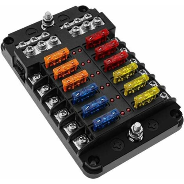6/12-tie 12V sulakeboksi, sulakepidikkeen teräsulakepalikat 16 sulakkeella 6 LED-merkkivalolla suojakotelo autoon, autoon, veneeseen, kuorma-autoon