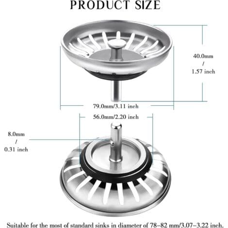Klassisk si-kurv diameter 78 mm, sæt med 2 rustfrie køkkenvaskpropper, universel vasksi, til køkken og badeværelse