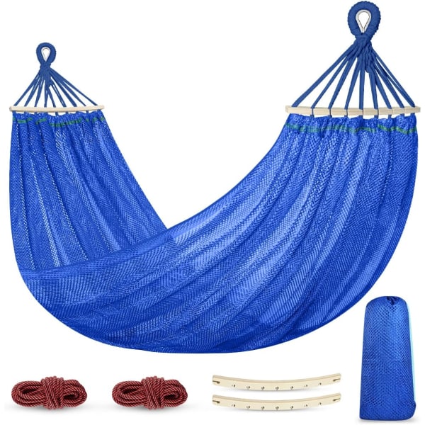 Ulkona toimiva riippumatto, erittäin pehmeä ja hengittävä, mesh riippumatto, joka on valmistettu viileästä nylon ja puisella blue 195*130cm