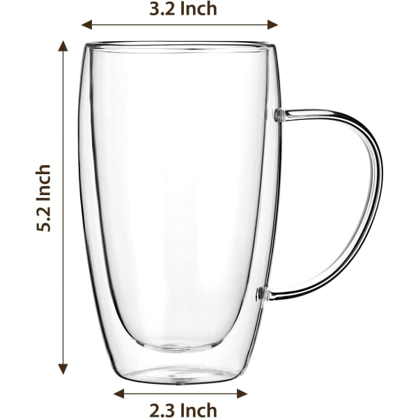 2-pack 15 oz espressokoppar med handtag, espressoshotglas, genomskinliga espressokaffe-koppar, dubbelväggiga isolerade