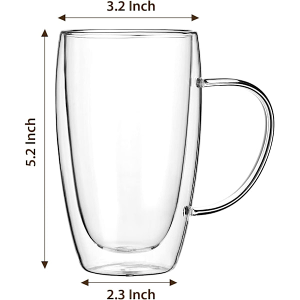 2-pakke 15 oz espressokopper med håndtak, espressoshotsglass, klare espressokopper, dobbeltvegget isolert
