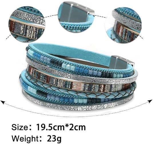 Læder Wrap Armbånd til Kvinder, Boho Leopard Multi-Layer Krystal Perler Manschet Armbånd Smykker blue