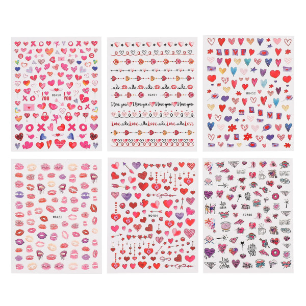 6 ark hjerte negleklistermærker hjerte kærlighed kys negleklistermærker kærlighed tatoveringer klistermærke Valentinsdag negleklistermærker