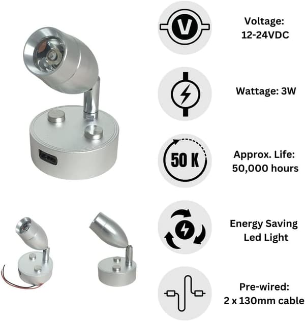 LED Leselys 12V-24V 3W Krom Spotlight, Berøringskontrollert Bryter, USB-Lading, For Caravan Bobil Båt Sengelampe