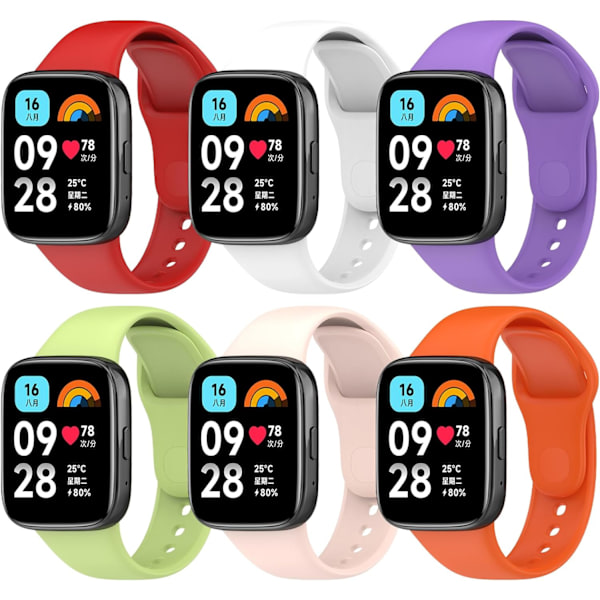 6 stk. rem til Xiaomi Redmi Watch 3 Active, Xiaomi Watch udskiftningssilikonerem farverig rem