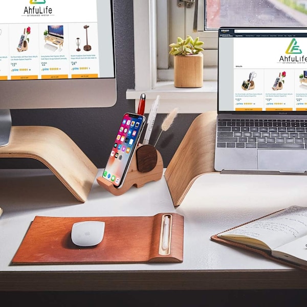 Elefantholder i tre for penner med mobilholder, skrivebordsarrangør