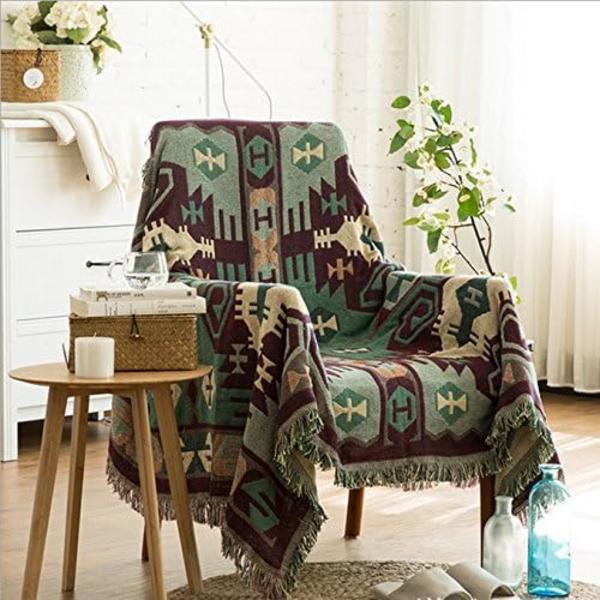 Dekorativ bomullsfilt i vävd bomull, soffhandduk, varm bomullsskydd 130 x 180 cm (bohemisk stil)