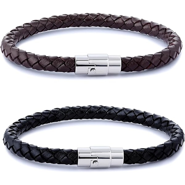 2 st, flätad läderarmband i rostfritt stål för män och kvinnors handledsmanchett armband, svart