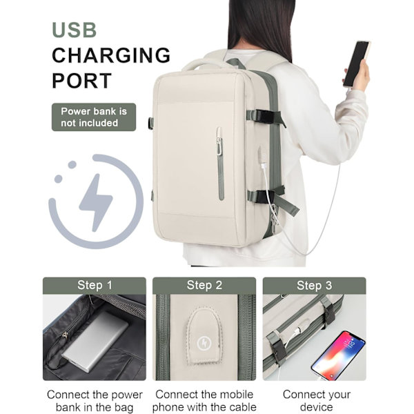 Stor Resebackpack för Laptop för Kvinnor, Handbagage Godkänd av Flygbolag, Utbyggbar Arbetsryggsäck, Personligt Föremål med Laptop beige green