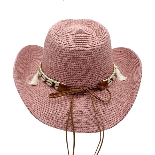 Västerländsk halmcowboyhatt för kvinnor, solhatt för stranden, bredbrättad hatt för män, cowboyhatt, sommar Panamahatt, rosa