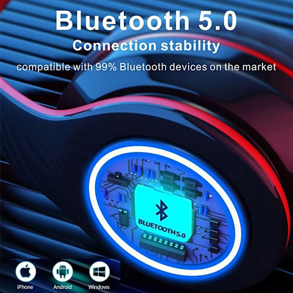 Trådløse bluetooth-hodetelefoner - Fargerike lys/Foldbare/Stor batterikapasitet/Innebygd mikrofon - Bluetooth 5.0/10 m rekkevidde Svart og rød