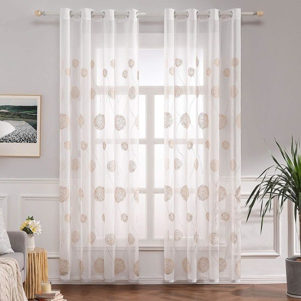 Gardiner Gennemsigtig Voile Blomsterbroderi Øjet Gardiner Transparent Gardin 2 Stk Øjet Gardin Gardinpar Vinduesgardin Til Stue Soveværelse Brown 140*145cm