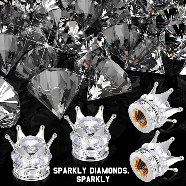 4 stk. Krone Dækventilhætter Bling Håndlavede Krystal Rhinestone Universal Chrome Krone Køretøj Dækventilhætter