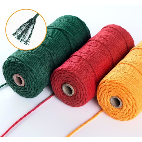 3 Rullar Macrame-snöre 3mmx100m, DIY-Snöre i Bomull för Väggbonader, Växtupphängningar, Hantverk, Stickning, Dekorativa Projekt Dark green+orange+red