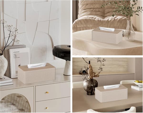 Servietboks, rektangulær, PU-læder ansigtsservietter, dispenserboks holder til kommode badeværelsesindretning (beige)