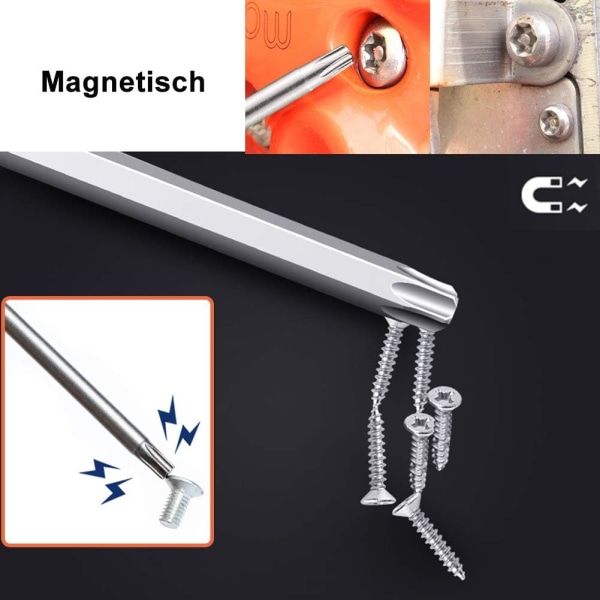 Sæt med 11 lange Torx-bits til skruetrækkere og elektriske skruetrækkere - Magnetiske bits - 1/4\" sekskantet skaft - Størrelser T6 til T40 - Længde 100mm