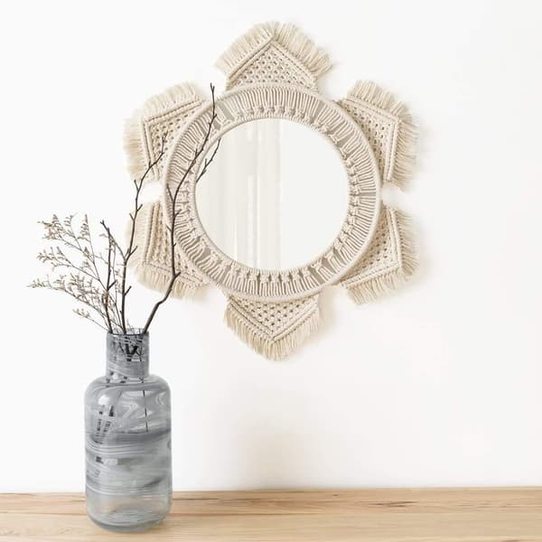Hängande väggspegel med macramé frans runt Boho spegel konstdekor