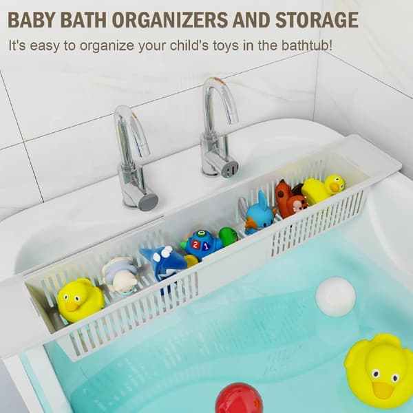 Badekarhylle i plast, 57-86 cm, justerbar lengde, baderomsoppbevaring, for badeleker, oppvaskstativ, sjampo, såpeoppbevaring