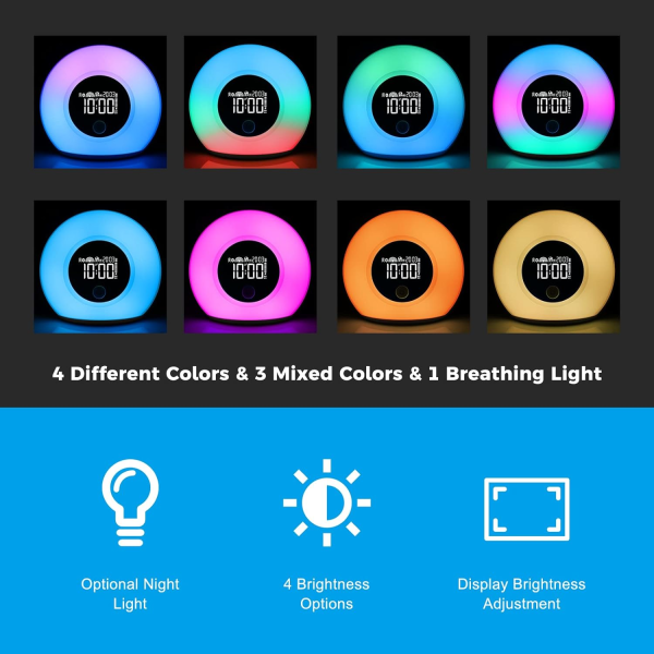 Herätysvaloherätyskello – lasten yövaloherätyskello Bluetooth kaiuttimella, 8 värikästä valoa, 4 kirkkaustasoa, torkkutoiminto