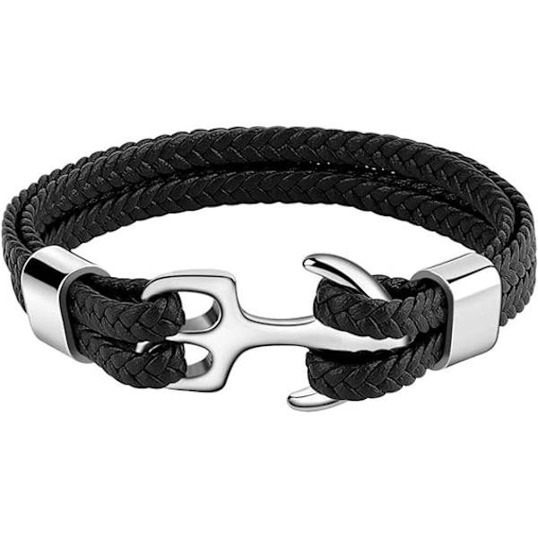 Rannekoru miehille ja naisille, käsintehty nahkarannekoru, monikerroksinen vintage-ankkurirannekoru, 3 kokoa Silver Black 19CM