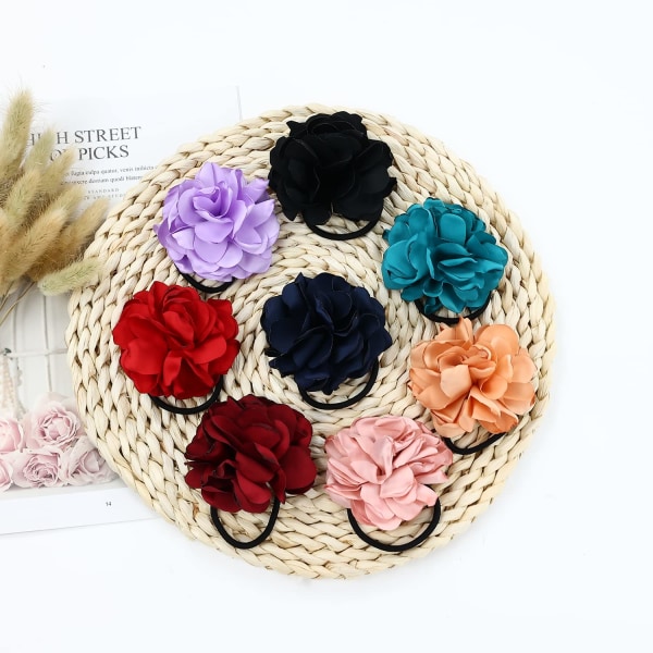 8 stk Fargerike Håndlagde Kamelia Blomster Hårstrikk, Blomster Hårbånd Elastiske Gummibånd, Fancy Hårblomster Bånd Hodebånd
