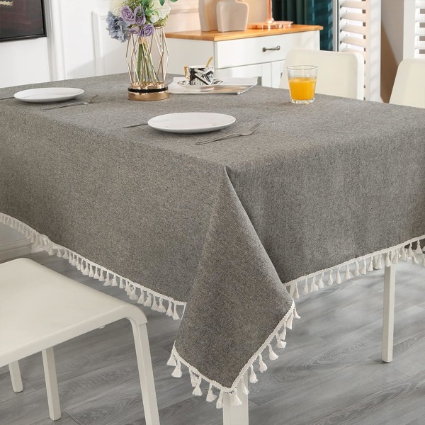 Grey Table Cloth Rectangular Cotton Linen Tablecloth Solid Color Dust-Proof Washable Table Cover Tassel