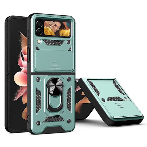 Kestävä panssarikuori, yhteensopiva Galaxy Z Flip 4:n kanssa, kova PC-iskunkestävä suojus rengaspidikkeellä