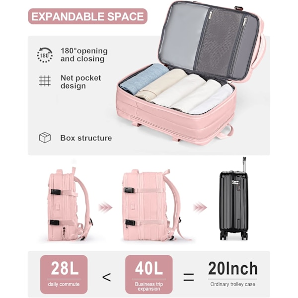 Stor Rejse Rygsæk til Kvinder, Godkendt til Flyrejser, Udvidbar Arbejdsrygsæk med Laptop pink