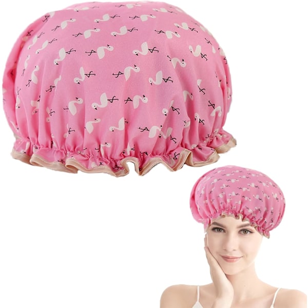 Dobbeltlags Badehætte til Kvinder, Elastisk Bånd Genanvendelig Badehætte til Hår Velegnet til Langt, Kort og Krøllet Hår (Pink Fugl)