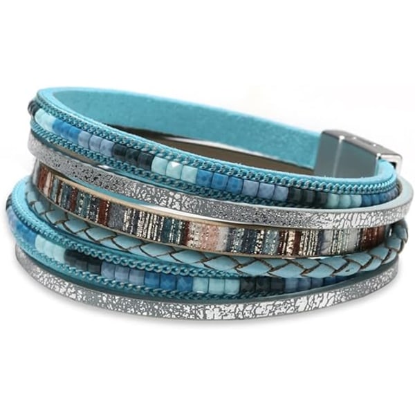 Läderarmband för kvinnor, Boho Leopard Flerlagers Kristallpärlor Manschettarmband Smycken blue