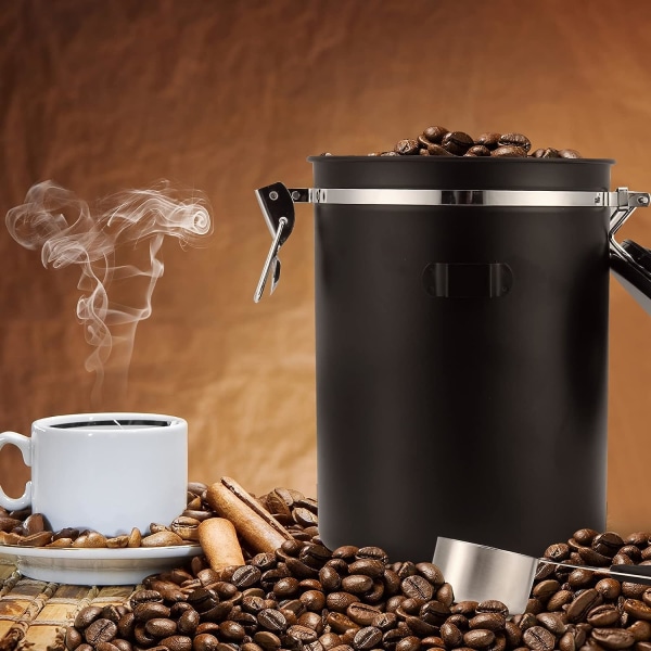 1500ML Kaffeboks for Malt Kaffe, Kaffe Bønnebeholdere, Kaffe Oppbevaring Lufttett Beholder med Skje, Svart