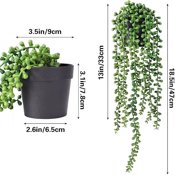 Sæt med 2 Kunstige Hængende Planter i Potter, Perlekæde og Sukkulenter, Små Kunstige Planter til Indendørs eller Udendørs