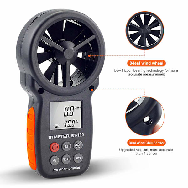 Digitalt anemometer håndholdt - BTMETER BT-100 vindmåler, måler nøyaktig vindtemperatur, hastighet, CFM med MAX/MIN/AVG